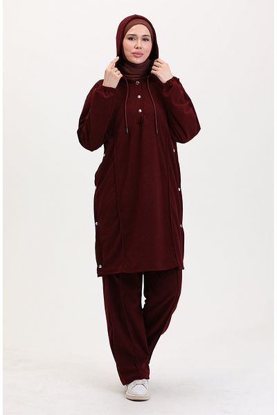 sefamerve Burgunderfarbenes Tunika- und Hosen-Set mit Kapuze – 0567-03