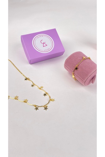 Alsem 14 Ayar Gold Kaplama Yıldız İşlemeli Kolye ve Bileklik Seti , Sevgilile...