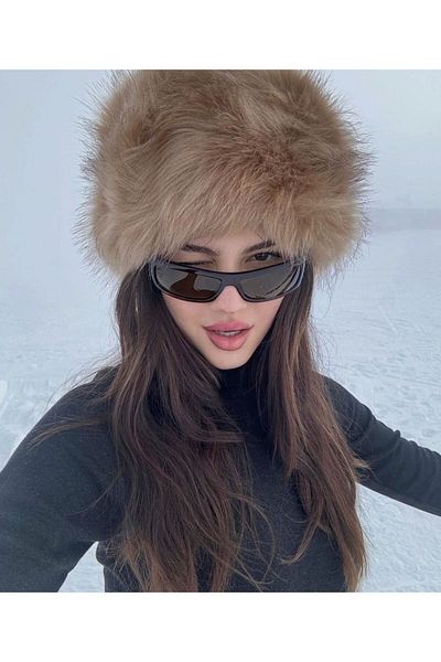 Luminos Butik Beige Plush Textured and Furry Heart Hat - Fluffy and Soft Structure Spk1141