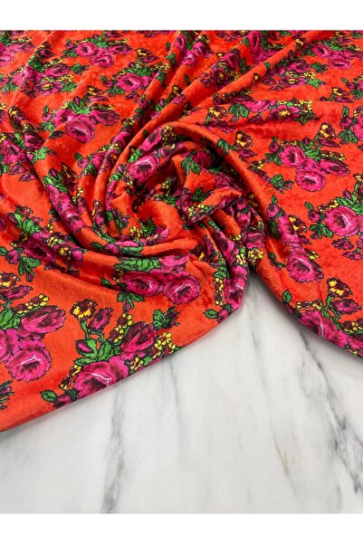 ipekkumaş Turuncu Gül Desen Elbiselik Kadife Kumaş Ürünümüz Adet Olarak Satıl...