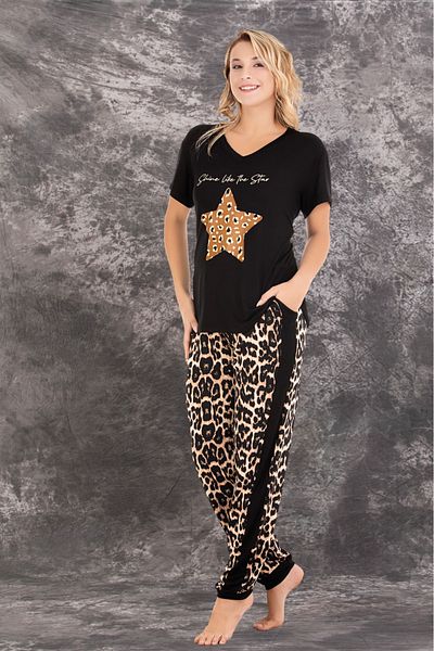 Lady Lingerie Short Sleeve V-Neck Leopard Print 93% Cotton 7% Lycra Baggy Women's Pajamas Set