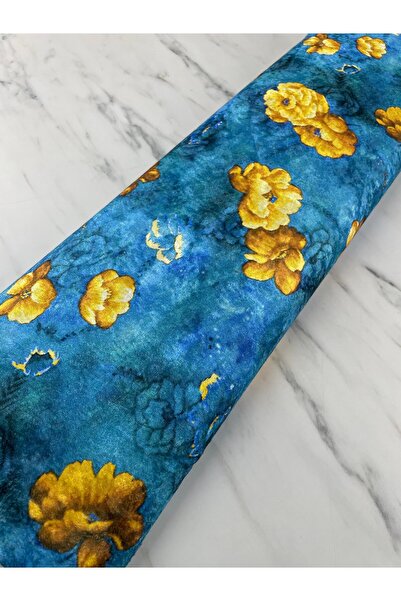 ipekkumaş Mavi Çiçek Desen Elbiselik Kadife Kumaş Mavi Çiçek Desen Elbiselik Kadife Kumaş