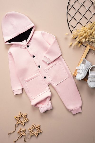Beniizle Children's Winter 3 Thread Ribbed Hooded Double Pocket Snap Button Jumpsuit