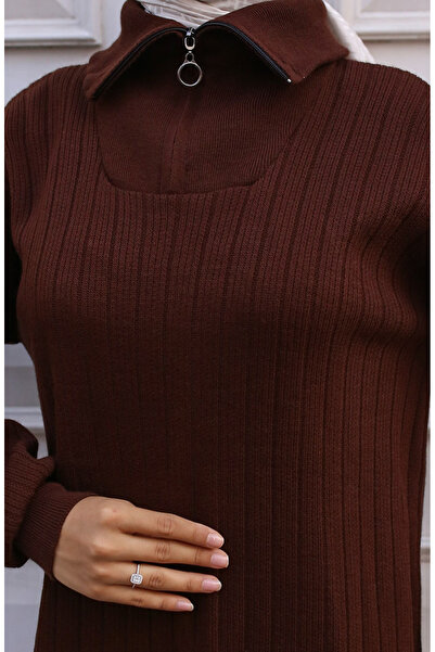 sefamerve Ribbed Knitwear Dress with Zipper Collar 11032-02 Brown