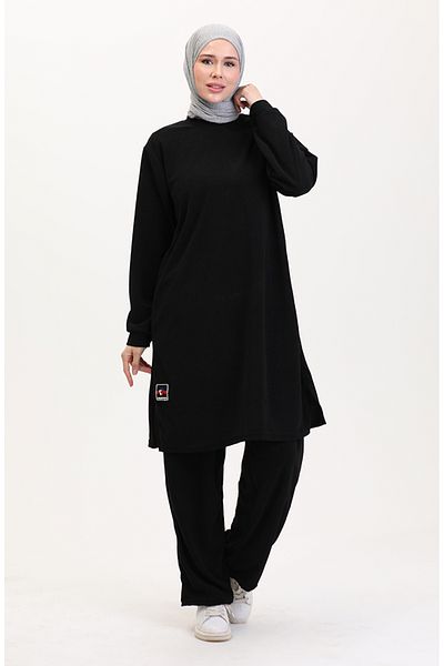 sefamerve Schwarzes Tunika- und Hosen-Set – 0565-03