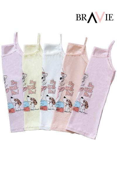 Bravie Girl's Illustrated Colorful Girls' Tank Top with Rope Strap, Pack of 5