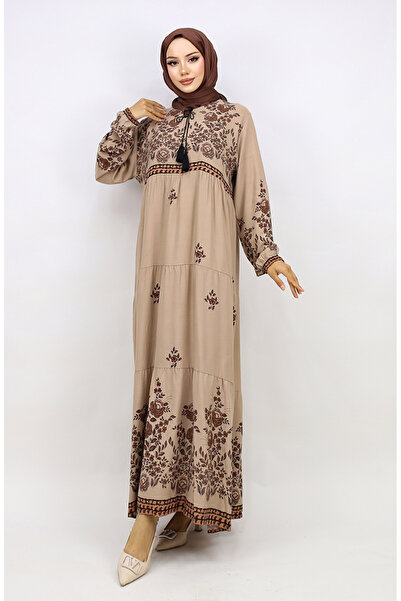 sefamerve Φόρεμα βισκόζης με φλοράλ στάμπα σε χρώμα βιζόν - 4084-08