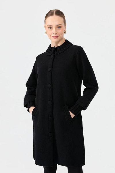 Desen Triko Cardigan lung de lână de bază cu guler negru - femei