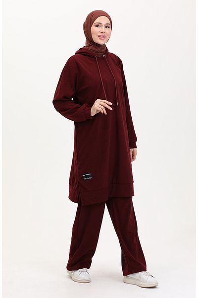 sefamerve Burgunderfarbenes Tunika- und Hosen-Set mit Kapuze – 0566-03