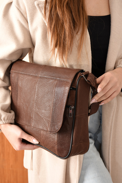 Erzeno Geantă de umăr și messenger pentru femei de mărime mare din piele naturală / geantă de mărime mare pentru femei din piele maronie