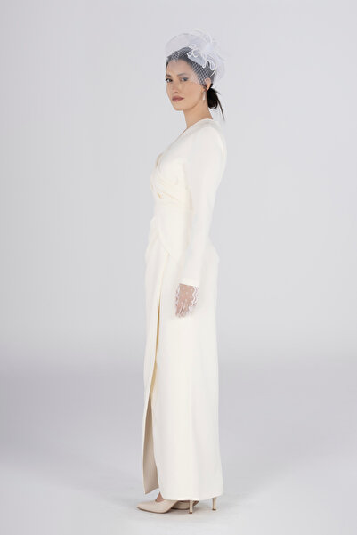 PEARL Elegant White Pleated Long Promise Dress - Wedding and Wedding Evening Dress with Minimal and Elegance