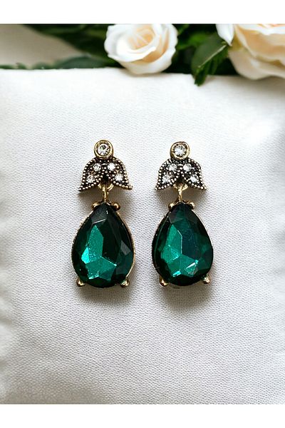 FAYRA ACCESSORIES Emerald Green Water Drop Pin Earrings