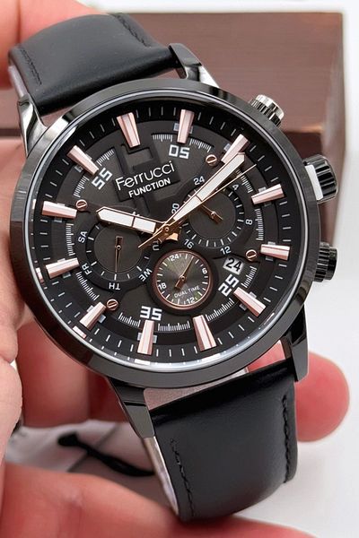 Ferrucci Men's Wristwatch - Black Leather Cord, 3Atm Bracelet, Gift Sdfer140