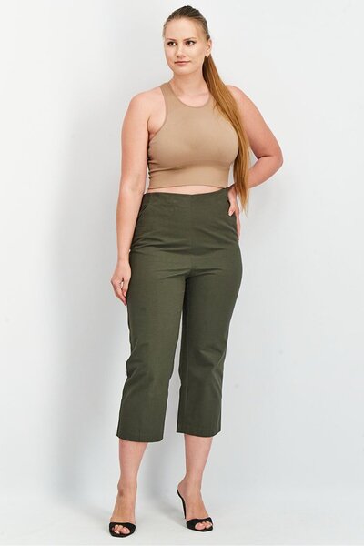 Tchibo Women Regular Fit Plain Capri Pants, Olive