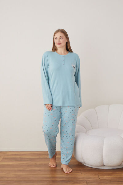 CALİA Women's Interlock Fabric Plus Size Button Sleepwear Suit