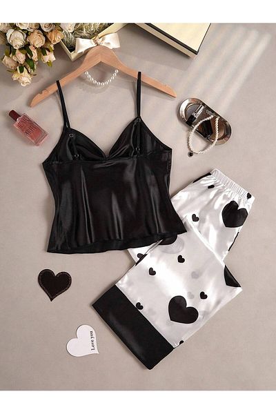 my cherie Set pijama din satin moale imprimat inimă 2 piese