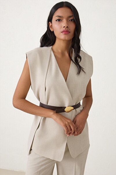 Setre Μπεζ ασύμμετρο φαρδύ γιλέκο με λεπτομέρεια στη μέση