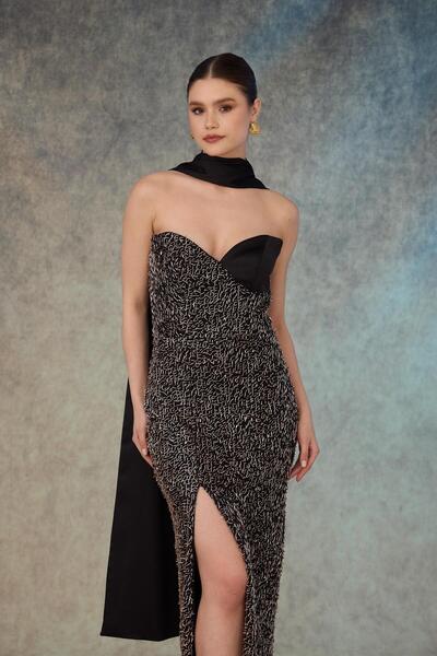 Carmen Siyah Gold Straplez Şallı Payetli Abiye Elbise