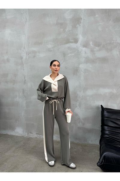Askı Nişantaşı Green-Beige Stripe Detailed Modal Fabric Sweat Tracksuit Set