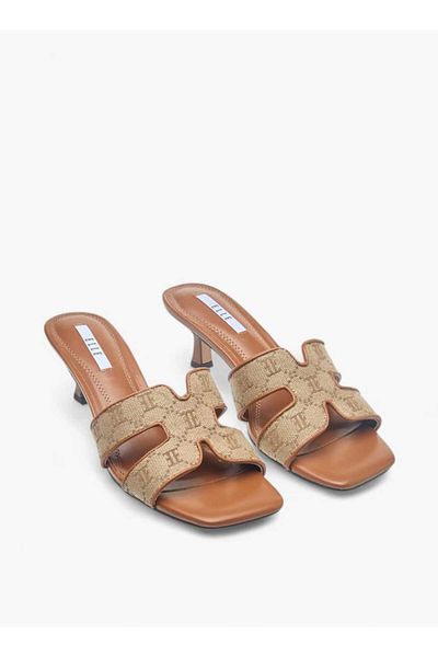ELLE Women's Monogram Jacquard Texture Slip-On Sandals with Kitten Heels