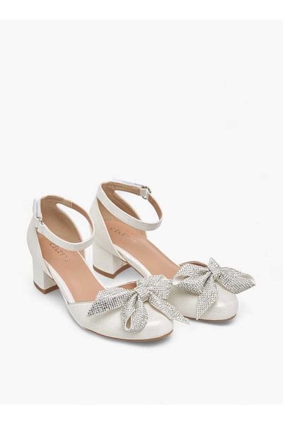 Celeste Girls' Bow Applique Block Heel Shoes with Hook and Loop Closure