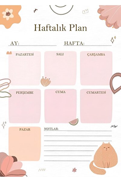 Rana İkra Art Soft Renkli Kedi Ve Çiçek Temalı Haftalık Planlayıcı Not Sayfas...