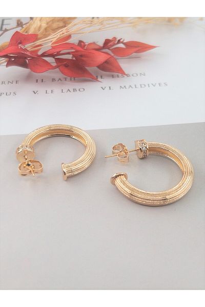 Siya Silver Zircon Stone Detailed Gold Colored Striped Women's Hoop Earrings