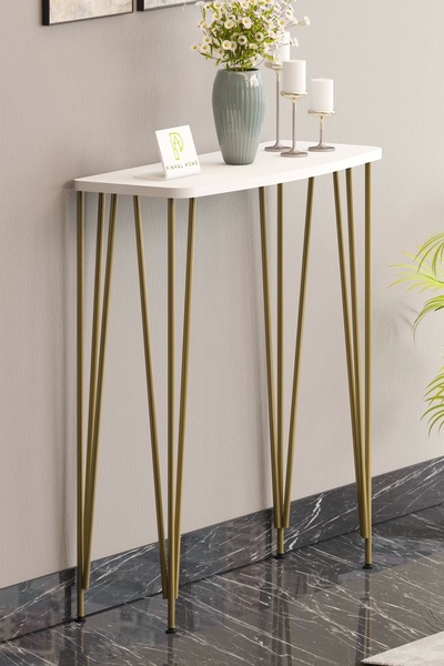 Pinhal Home 80cm Beyaz Dresuar Kahve Köşesi Konsol Modern Raf Metal Boru Gold...