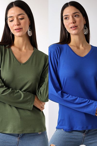 Devinka Women's 2 Pack V-Neck Oversize Basic Long Sleeve T-Shirt