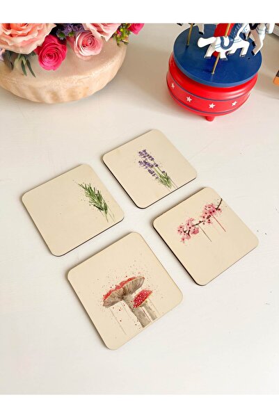 arslart مجموعة قواعد أكواب خشبية منقوشة بألوان مائية طبيعية مكونة من 4 قطع