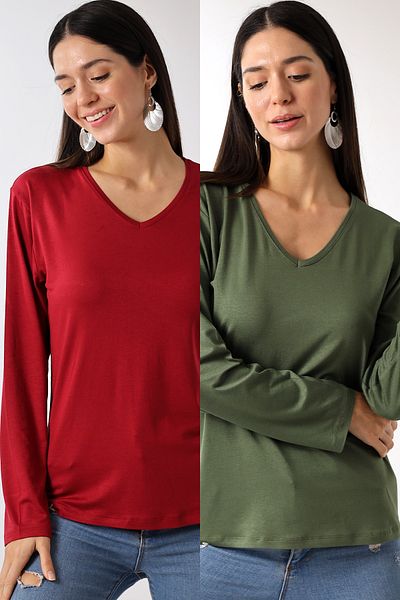 Devinka Women's 2 Pack V-Neck Oversize Basic Long Sleeve T-Shirt