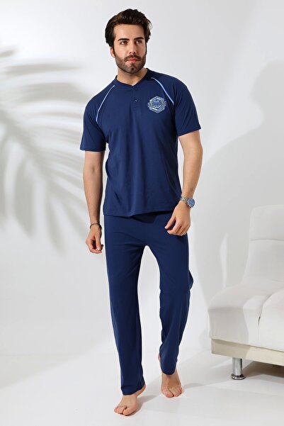 LadyMina Pijama Синій комфортний двокомпонентний піжамний комплект для чоловіків - короткий рукав