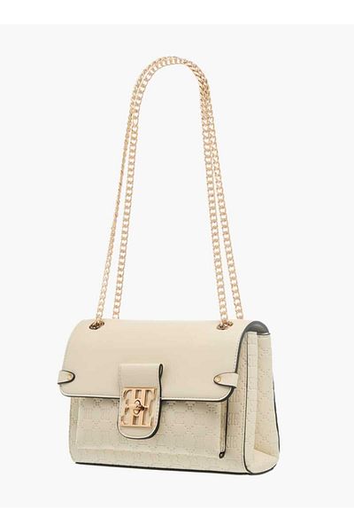 ELLE Monogram Embossed Crossbody Bag with Chain Strap and Twist Lock Closure