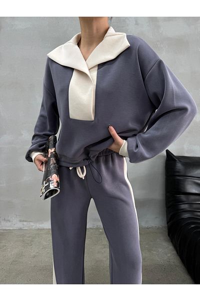 Askı Nişantaşı Gray-Beige Stripe Detailed Modal Fabric Sweat Tracksuit Set