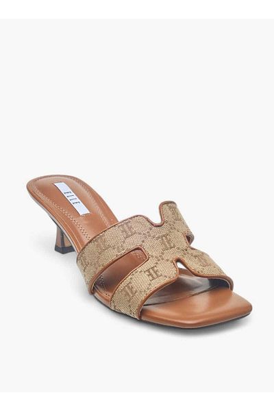 ELLE Women's Monogram Jacquard Texture Slip-On Sandals with Kitten Heels