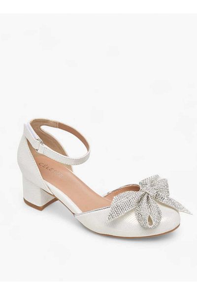Celeste Girls' Bow Applique Block Heel Shoes with Hook and Loop Closure