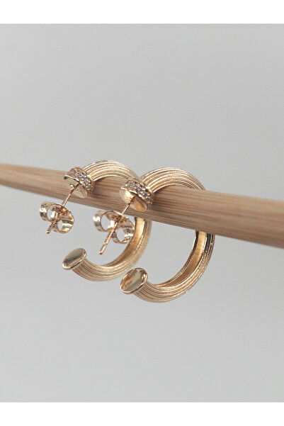 Siya Silver Gold Renk Zirkon Taşlı Çizgi Dokulu Kadın Halka Küpe