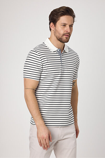 Frappoli Ανδρικό μπλουζάκι Violes με ριγέ λεπτή εφαρμογή 100% βαμβακερό λευκό γιακά πόλο