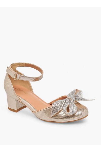 Celeste Girls' Bow Applique Block Heel Shoes with Hook and Loop Closure