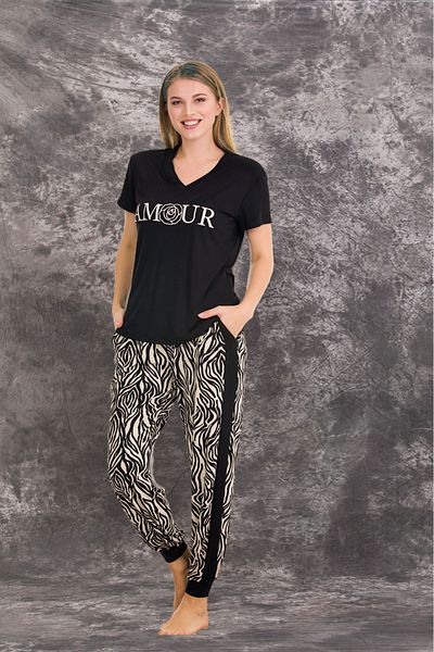 Lady Lingerie Set pijama cu mâneci scurte, cu decolteu în V, 93% bumbac, 7% lycra, cu buzunare
