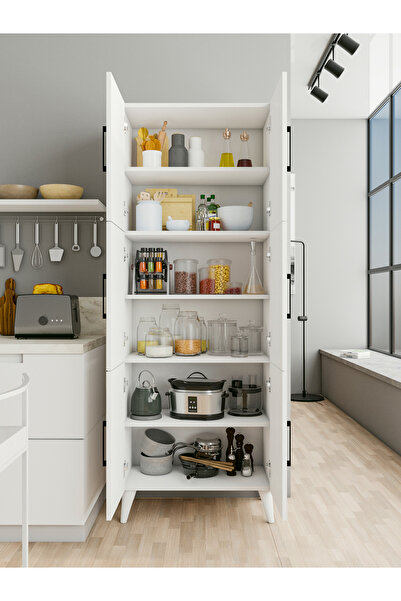 MONTENERO Çok Amaçlı Dolap Parlak Beyaz Kiler Mutfak Banyo Balkon Kapaklı Raflı Dolap
