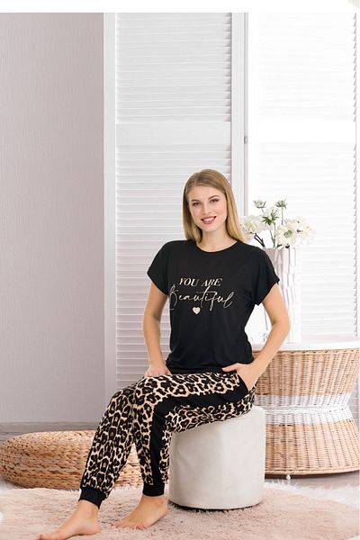 Lady Lingerie Set pijamale cu mânecă scurtă cu imprimeu leopard pentru femei - 93% bumbac 7% lycra cu buzunare largi