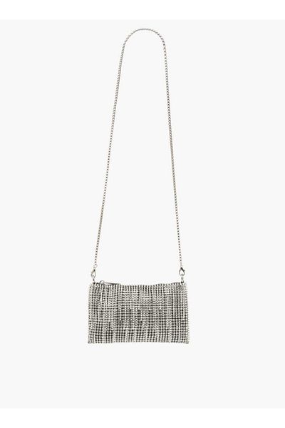 Missy Rhinestone Embellished Crossbody Bag with Zip Closure and Chain Strap