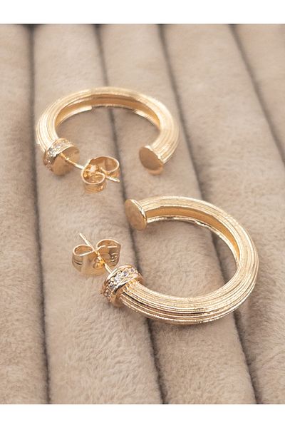 Siya Silver Zircon Stone Detailed Gold Colored Striped Women's Hoop Earrings