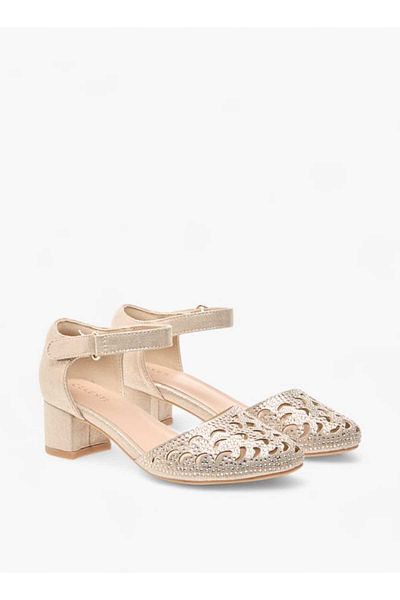 Celeste Girls' Embellished Block Heel Shoes with Ankle Strap and Cutout Detail