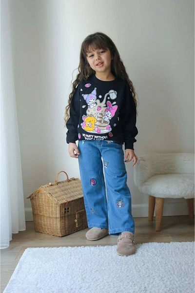 MİNİKO KİDS Girl's Kuromi Modeled Jeans Pant Embroidered 2-Piece Suit