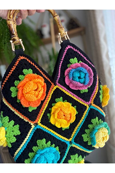 Satürn Hobi Örgü Gül Motifli Çanta