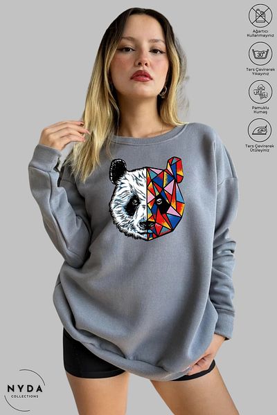 Nyda Collections Unisex μακρυμάνικο πολύχρωμο φούτερ Panda με στάμπα με λαιμόκοψη χωρίς κουκούλα