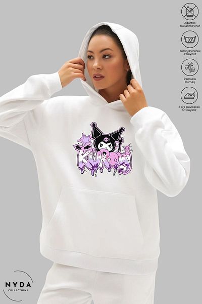 Nyda Collections Anime Kuromi Printed Long Sleeve Hoodie - Hooded Raster Oversize Cotton Women's Sweatshirt