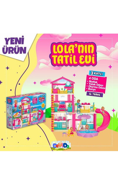 DeYiDo Lola'nın Tatil Evi 3 Katlı 4 Odalı Teraslı Su Kaydıraklı Barbie Evi Oyuncak Evcilik Seti Oyun Evi